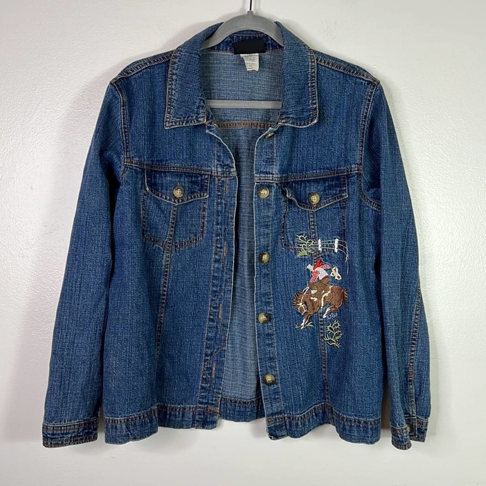 VTG Roughrider Embroidered Bronc Rider Denim Jean Jacket Shacket Shirt Womens L - Picture 8 of 8